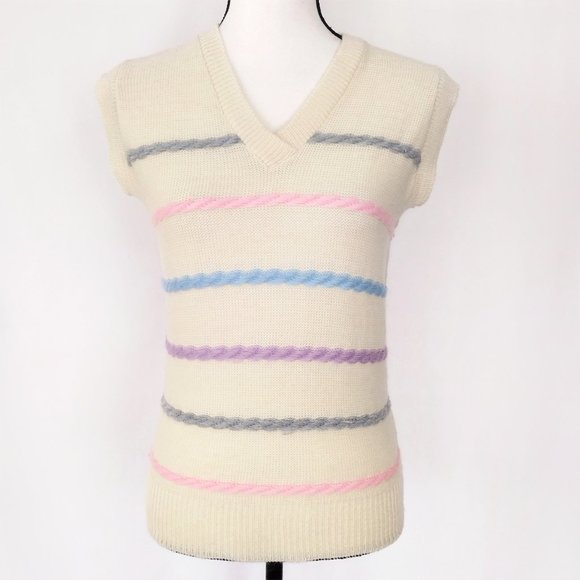 Vintage 1970s Jane Colby Pale Yellow Striped Knit Sweater - Picture 1 of 13